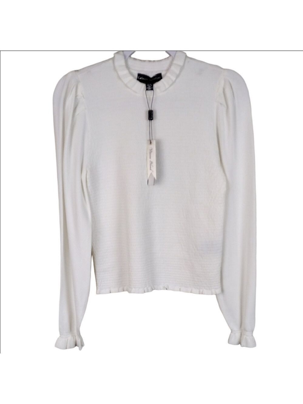 Catherine Malandrino White Star Viscose Blend Ruffle Collar Long Sleeve Top